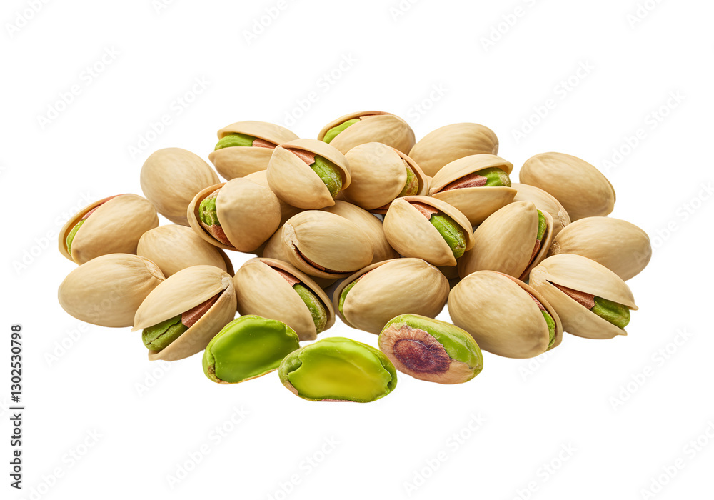 Close-Up View of Raw Pistachio Nuts with Shells and Shelled Seeds on a Plain Background for Culinary and Design Use Close-Up View of Raw Pistachio Nuts with Shells and Shelled Seeds on a Plain Background for Culinary and Design Use