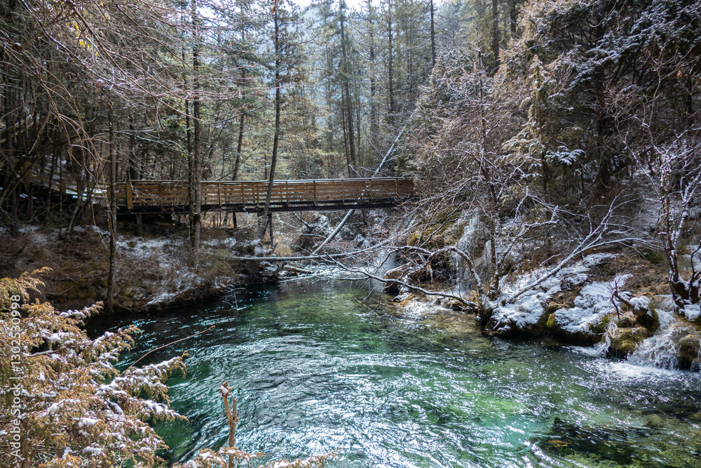 Pearl Shoal Waterfall in winter season, is a waterfall located in Jiuzhaigou, Sichuan Province, China, steam, cascade