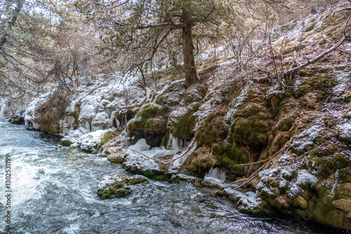 Pearl Shoal Waterfall in winter season, is a waterfall located in Jiuzhaigou, Sichuan Province, China, steam, cascade