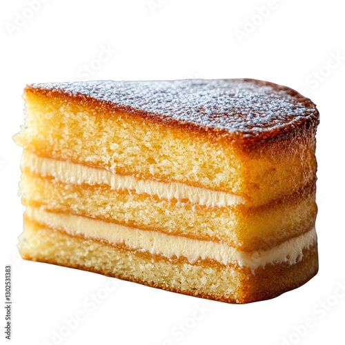 A slice of layered cake with a golden crust and creamy filling, dusted lightly with powdered sugar.