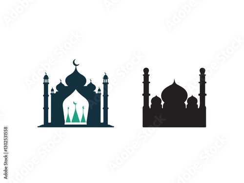 Simple Silhouette of a Mosque.Simple, black and white silhouette of a young man wearing a traditional Muslim outfit, likely a thobe or kurta, and a cap or hat.