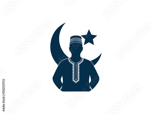 Silhouette of a Man in Traditional Islamic Attire with Crescent Moon and Star