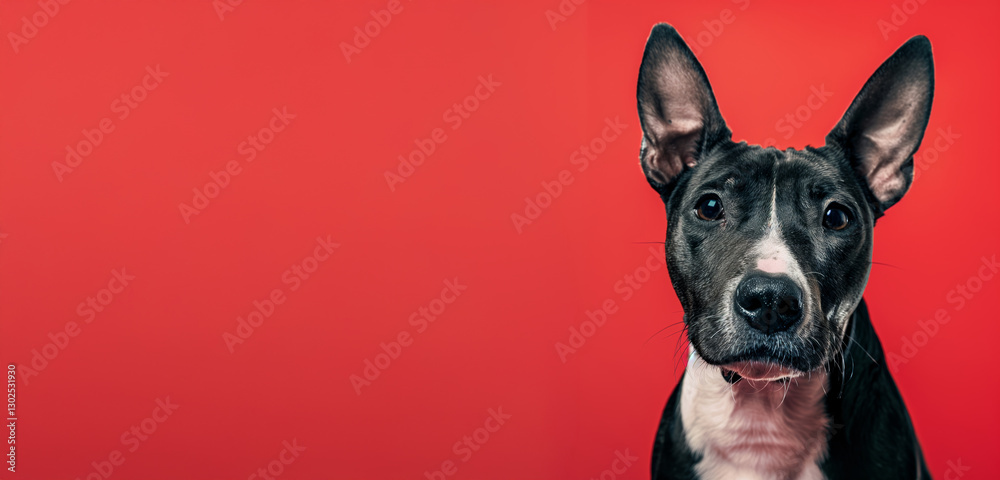 Obraz premium Miniature Bull Terrier dog on minimalistic colorful background with Copy Space. Perfect for banners, veterinary ads, pet food promotions, and minimalist designs.