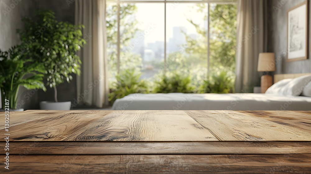 Beautiful, blurred background of an empty wooden table and bed in a hotel room, with copy space for product display. Beautiful, blurred background of an empty wooden table and bed in a hotel room, with copy space for product display.