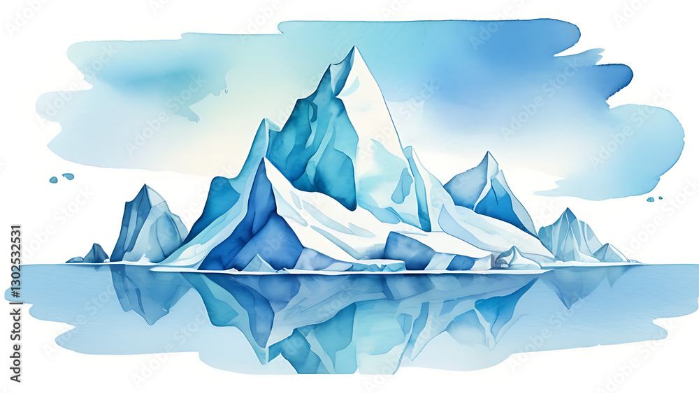 Fototapeta premium Watercolor Ice Mountain Landscape with Water Reflection and Sky Texture
