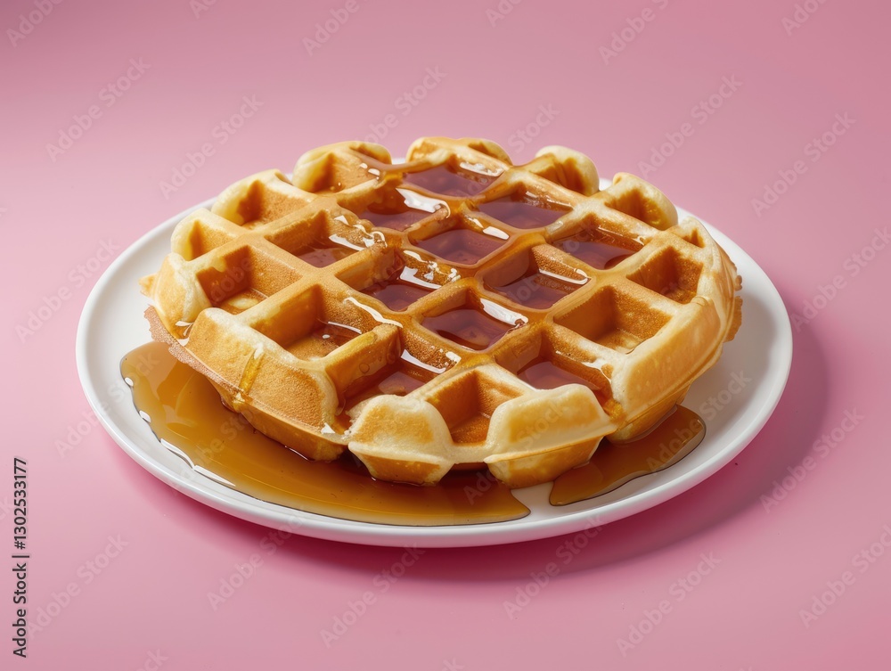 Delicious golden waffle drizzled with syrup on a white plate against a soft pink background, perfect for breakfast themes Delicious golden waffle drizzled with syrup on a white plate against a soft pink background, perfect for breakfast themes