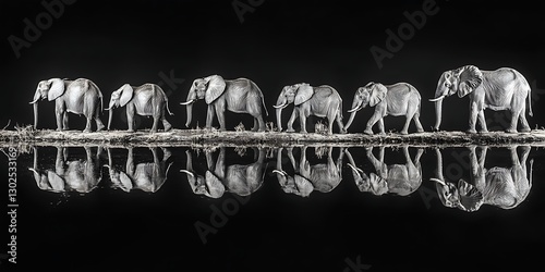 Monochromatic march, a procession of elephants mirrored in tranquil waters