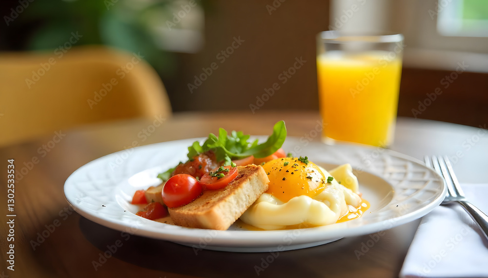 A plate of breakfast with egg, vegetables and bread in in luxury hotel A plate of breakfast with egg, vegetables and bread in in luxury hotel