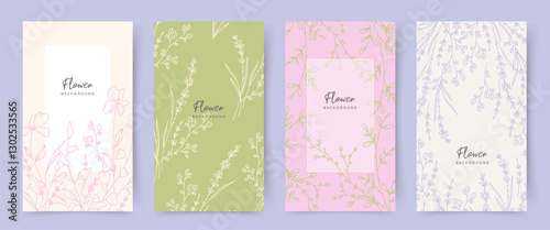 Spring Background set with minimal hand drawn flower elements in line art style. Floral frame. Editable vector illustration for wedding invitation, social media, card, cover, mobile apps, packaging