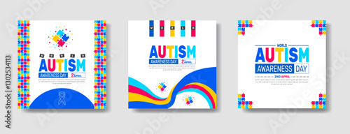 2nd April World Autism Awareness Day social media banner set, Autism Awareness Day promo bundle, square layout template for Instagram & Facebook. web banners with puzzle pieces, awareness ribbon, love