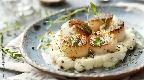 Fototapeta Naklejka Na Ścianę i Meble -  A sophisticated plate of seared scallops, served with a cauliflower purée and a truffle vinaigrette