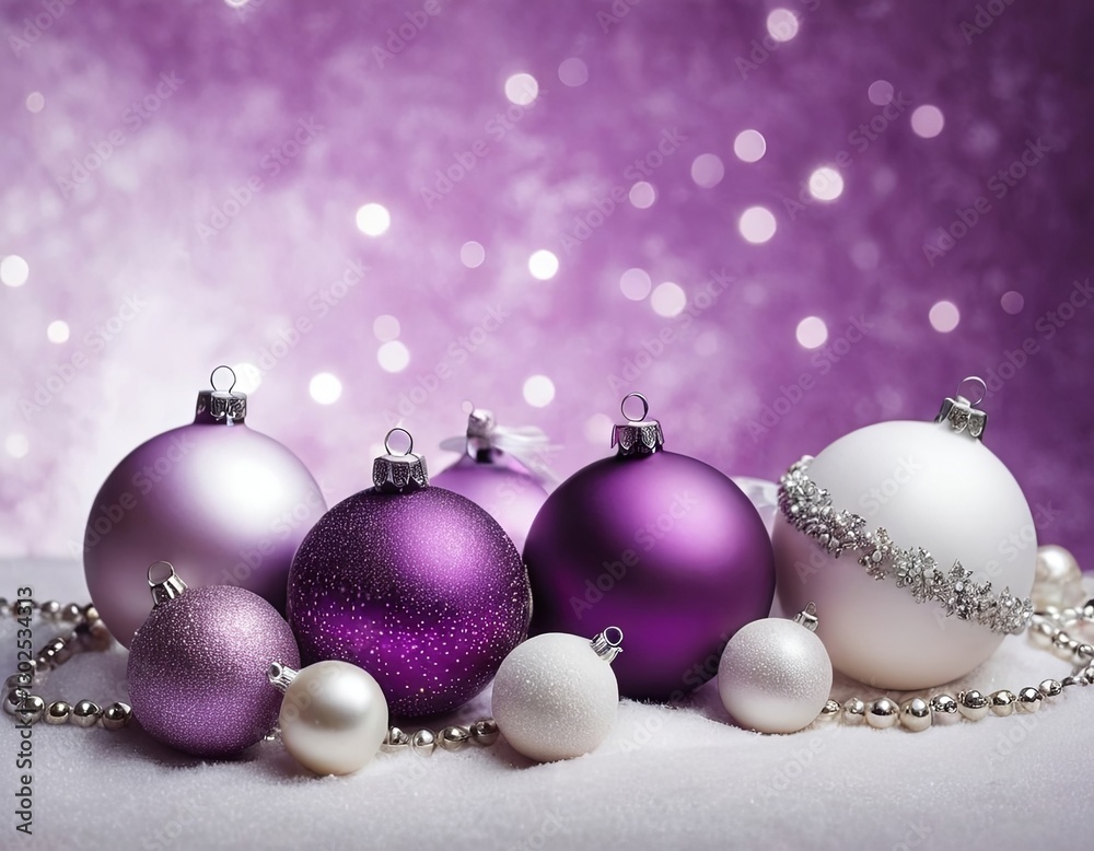 Elegant purple and white Christmas ornaments on a soft surface, creating a festive and joyful atmosphere. Elegant purple and white Christmas ornaments on a soft surface, creating a festive and joyful atmosphere.