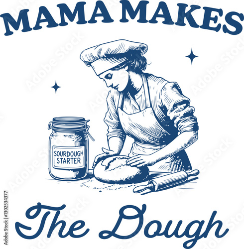 Classic Baker Mama – Woman with Apron and Rolling Pin Kneading Dough with Sourdough Starter Jar