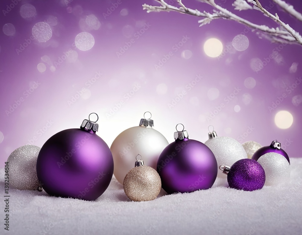 Festive holiday ornaments in purple and silver hues create a magical winter atmosphere. Festive holiday ornaments in purple and silver hues create a magical winter atmosphere.