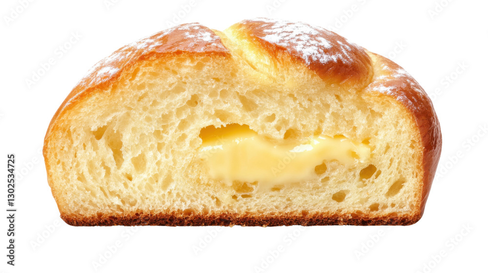A fluffy slice of buttered brioche, with the butter visibly melting into the soft, golden crumb, isolated on a transparent background, highlighting the richness and texture of the bread. A fluffy slice of buttered brioche, with the butter visibly melting into the soft, golden crumb, isolated on a transparent background, highlighting the richness and texture of the bread.