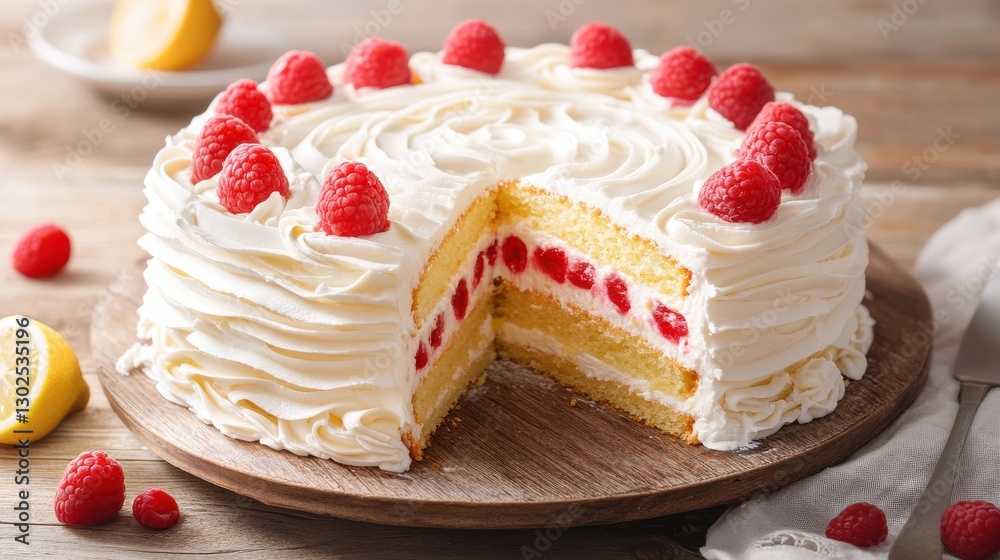 Delicious Yellow Cake with Raspberries and Creamy Frosting Slice Delicious Yellow Cake with Raspberries and Creamy Frosting Slice