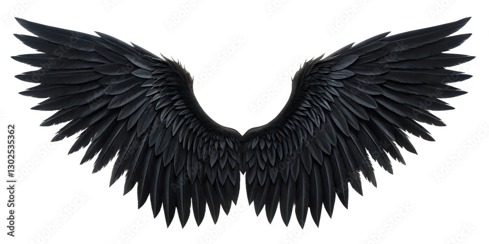 Obraz premium Spread Black Dark Demon Feather Angel Wings on White, Dark Angel Wings, Black Demon Wings on White Background, PNG Transparent