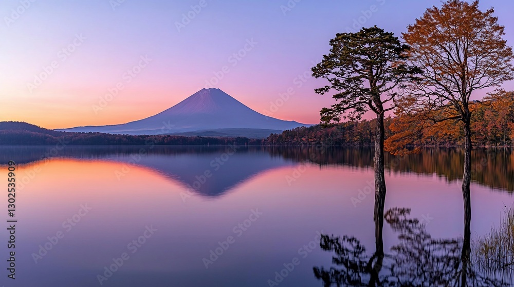 Serene sunrise over a lake with mountain reflection. Serene sunrise over a lake with mountain reflection.