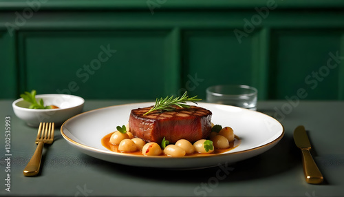 A plate of steak on the table in a white ceramic plate with gold cutlery and a glass of wine.