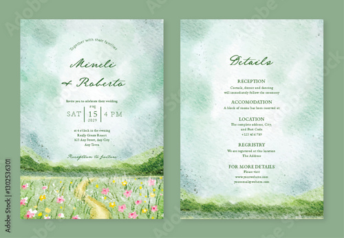 Floral Meadow Watercolor Background Wedding Invitation