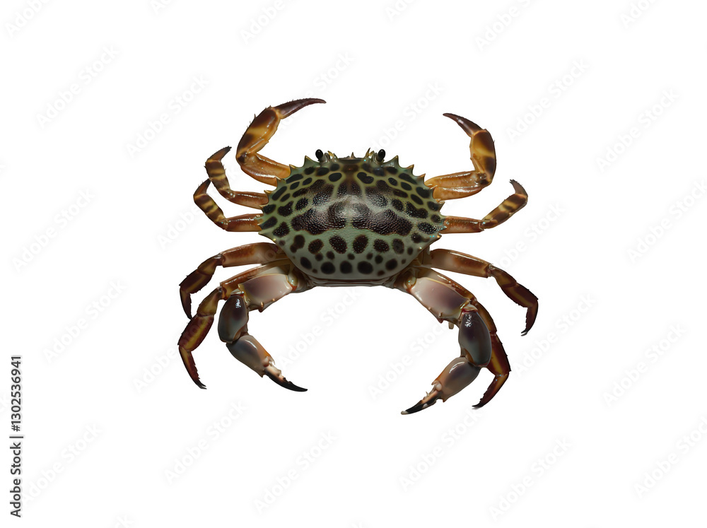 A vibrant and detailed crab with a unique patterned shell against a white background. A vibrant and detailed crab with a unique patterned shell against a white background.
