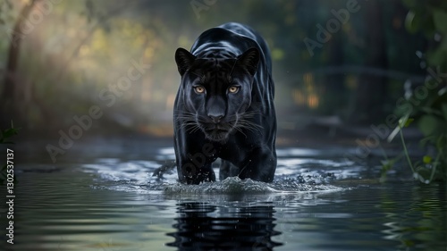 Majestic black panther walking through water in a dense jungle, powerful and stealthy wild predator, symbolizing strength, mystery, and dominance in the animal kingdom.

