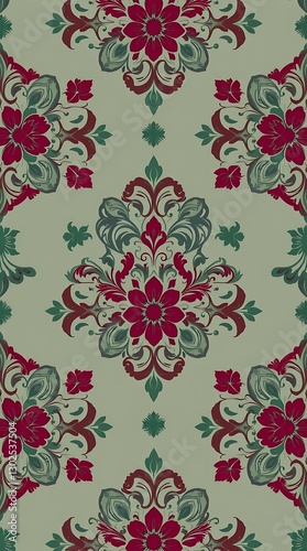 A Digital Wallpaper With A Repeating Pattern Of Intricate Floral Designs, In A Vintage Style, Utilizing Muted Jewel Tones Such As Emerald Green, Sapphire Blue And Ruby Red, In A High.