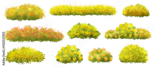 Vector watercolor blooming flower tree or forest side view isolated on white background for landscape and architecture drawing,elements for environment or and garden,wild flowers for garden section