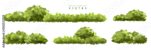  Vector watercolor green  tree or forest side view isolated on white background for landscape and architecture drawing,elements for environment or and garden,Shrub for section