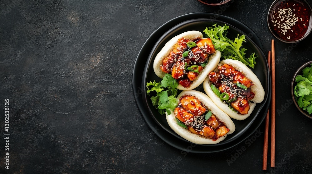 Delicious Asian Bao Buns with Chicken and Sauce Served on Black Plate Delicious Asian Bao Buns with Chicken and Sauce Served on Black Plate