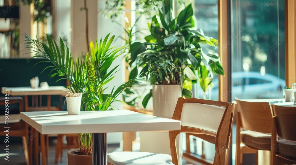 Fototapeta premium Relaxing nature-themed cafe with warm wooden tones, fresh green plants, and a sleek white interior, filled with soft daylight.