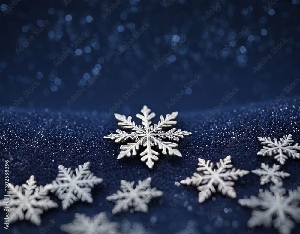 Beautiful silver snowflakes on a deep blue sparkling background, creating a serene winter atmosphere. Beautiful silver snowflakes on a deep blue sparkling background, creating a serene winter atmosphere.
