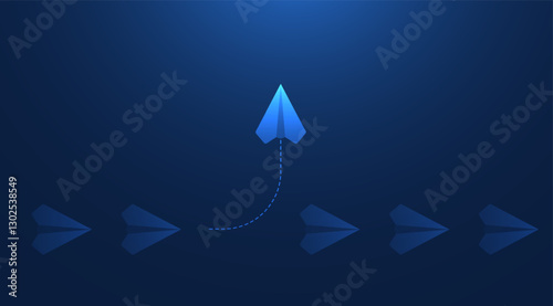Leadership and think differently concepts with paper airplanes. Paper planes flying in the futuristic dark blue sky. Leadership director for new ideas. Business concept. Vector illustration.