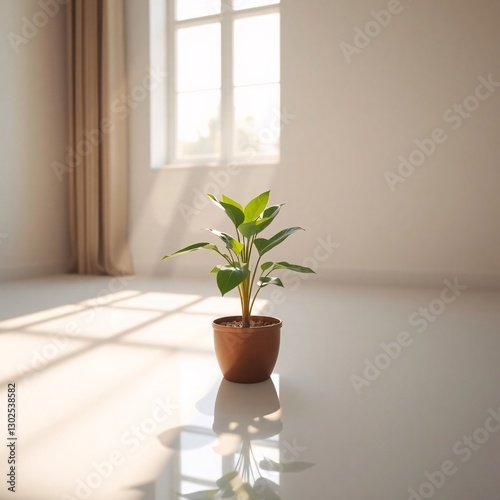Peaceful Indoor Oasis, A solitary plant bathing in sunlight by the window creating a tranquil home atmosphere