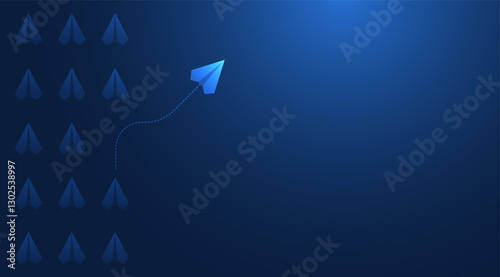 Leadership and think differently concepts with paper airplanes. Paper planes flying in the futuristic dark blue sky. Leadership director for new ideas. Business concept. Vector illustration.
