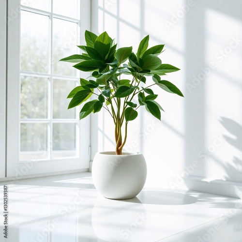Elegant indoor plant in white pot near bright window casting soft shadows