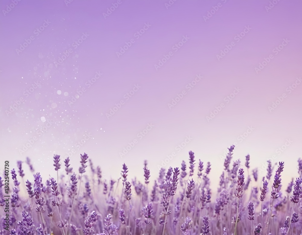 Naklejka premium A serene field of lavender flowers in soft purple hues against a dreamy pastel sky.