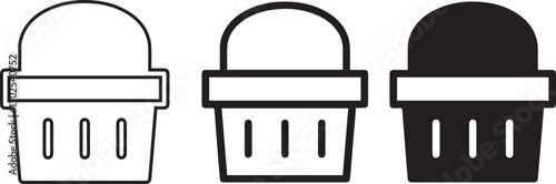 Shopping basket icon, simple line drawing, three variations, white background, black outline, minimalist design, retail symbol,