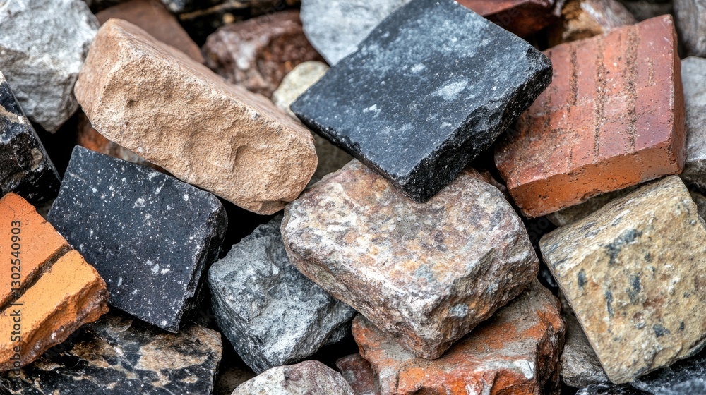 Close-up of different brick colors and textures used in masonry construction. Close-up of different brick colors and textures used in masonry construction.