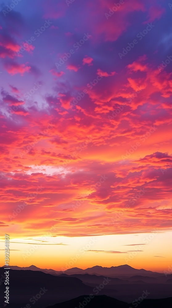 A High-Resolution Digital Wallpaper Featuring A Breathtaking Landscape Panorama At Sunset, Vibrant Oranges And Purples Dominating The Sky, Sharp Silhouettes Of Mountains In The Dista. A High-Resolution Digital Wallpaper Featuring A Breathtaking Landscape Panorama At Sunset, Vibrant Oranges And Purples Dominating The Sky, Sharp Silhouettes Of Mountains In The Dista.