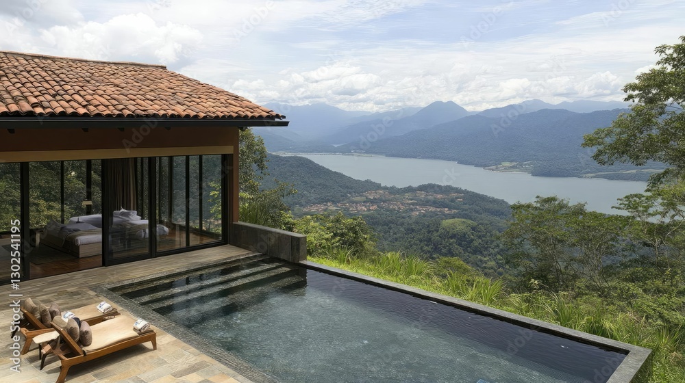 Fototapeta premium Serene Modern Villa with Infinity Pool Overlooking Scenic Landscape