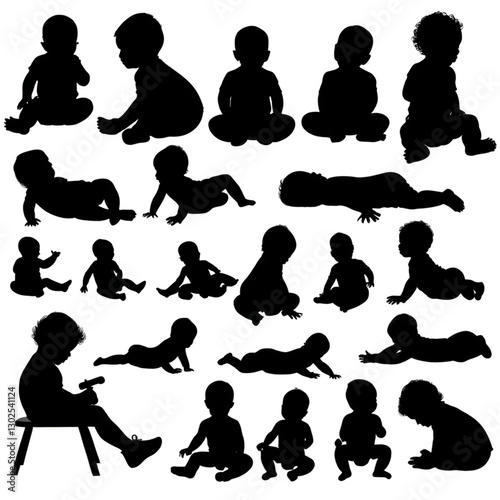 Baby Silhouettes Group in Various Poses Crawling Sitting and Playing