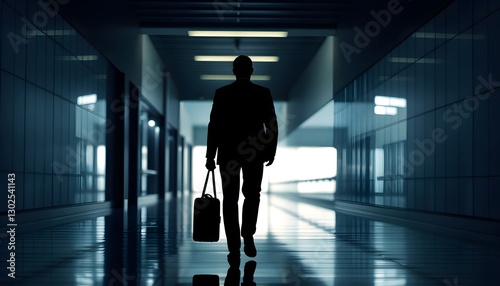 A silhouette of a person in a suit walking down a dimly lit corridor, holding a briefcase. The hallway features modern architecture with reflections on the floor and soft lighting in the background.