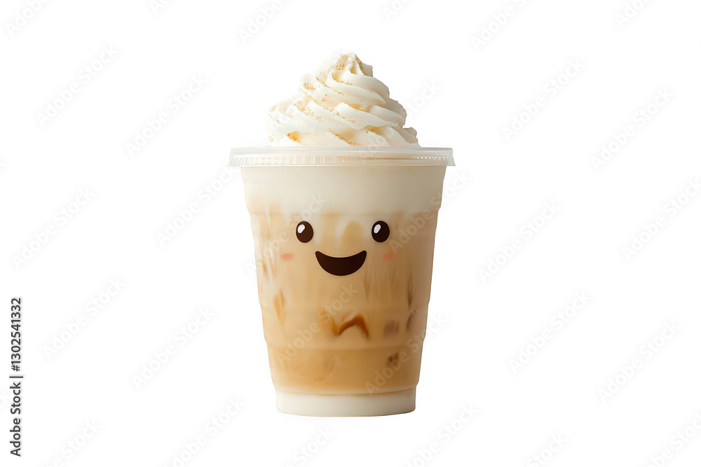 Delightful iced coffee with whipped cream and a cheerful face, perfect for a refreshing treat.