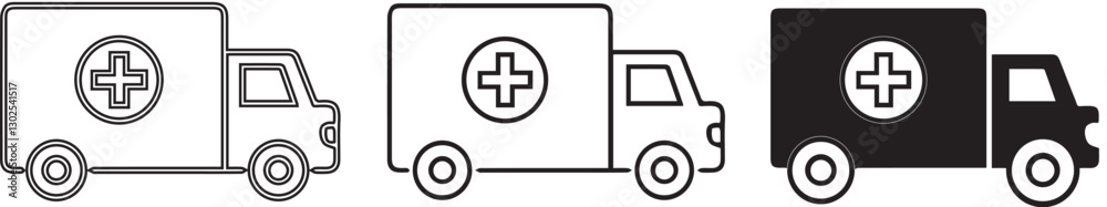 Fototapeta premium Ambulance icons, simple line drawings, side view, medical vehicles, black and white illustrations, minimalist design, emergency transport, healthcare symbols, linear graphic style, simplified shapes,