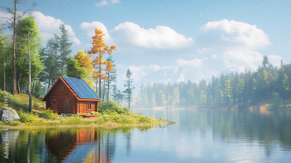 Fototapeta premium Cabin at Lakeside With Solar Power and Distant Mountains. Use eco friendly travel