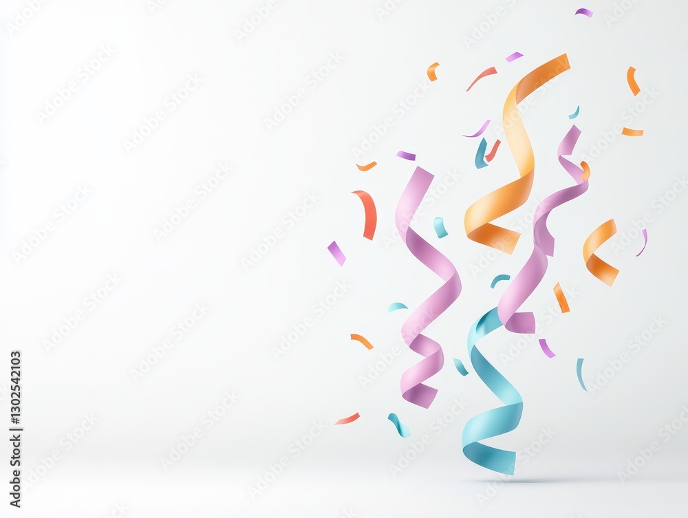 Fototapeta premium Colorful streamers and confetti floating against a clean white background