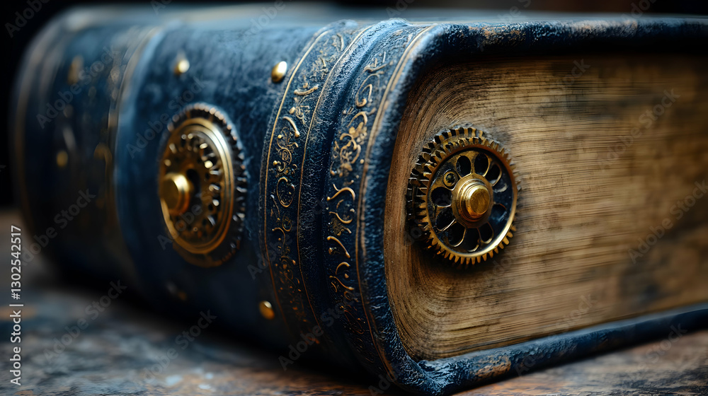 Antique Leather Bound Book With Gears Antique Leather Bound Book With Gears