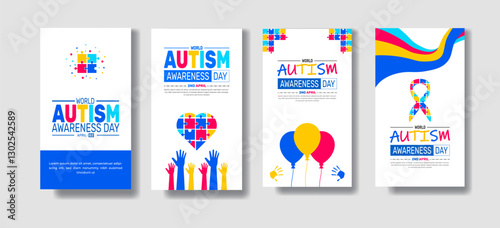 2nd April World Autism Awareness Day Social Media Stories book cover set, Autism Awareness Day promo bundle, square layout template. web banners with puzzle pieces, awareness ribbon, love icon.