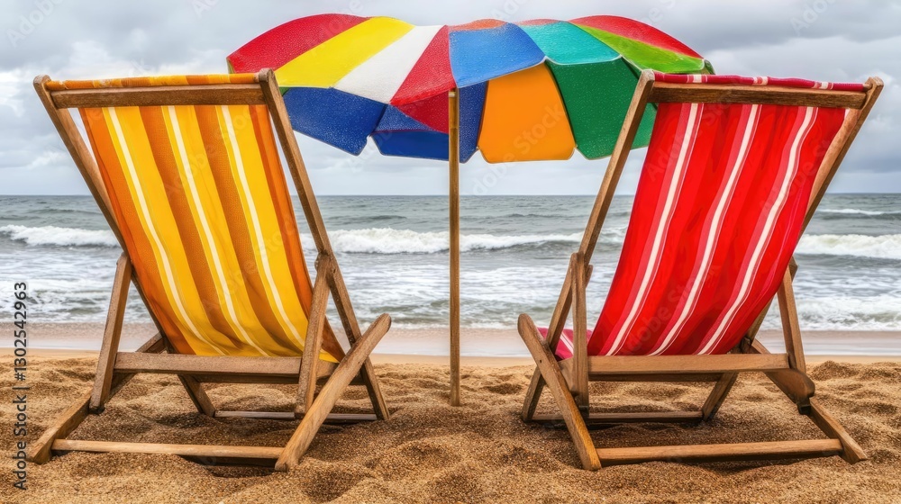Colorful Beach Chairs Under Umbrella by the Ocean Shoreline Colorful Beach Chairs Under Umbrella by the Ocean Shoreline